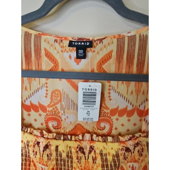 Torrid Top 00 M/L Ikat Babydoll Smocked Boho Ruffle Western Patchwork Earthy - Picture 2 of 16